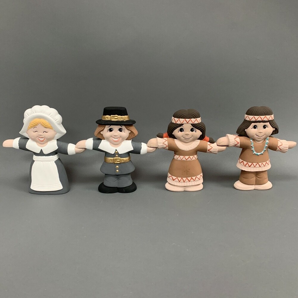 Pilgrims American Indians Art Figures Man Woman Girl Boy Ceramic Lot of 4